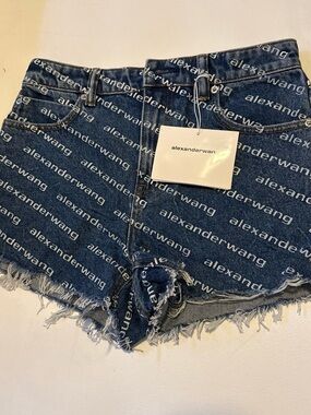 Alexander Wang Navy Logo-Print Frayed Denim Shorts